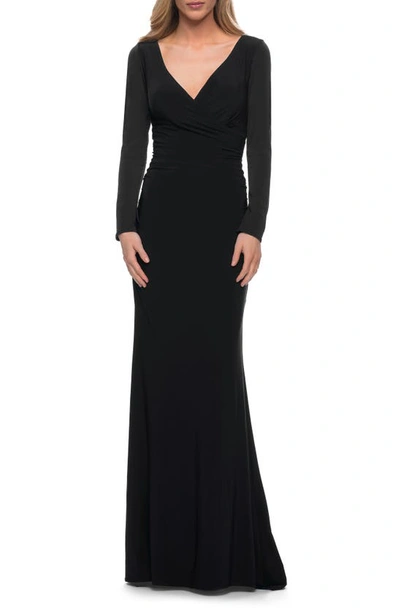 La Femme Long Sleeve Ruched Jersey Gown In Black