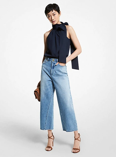 Michael Kors Stretch Cotton Poplin Halter Top In Blue