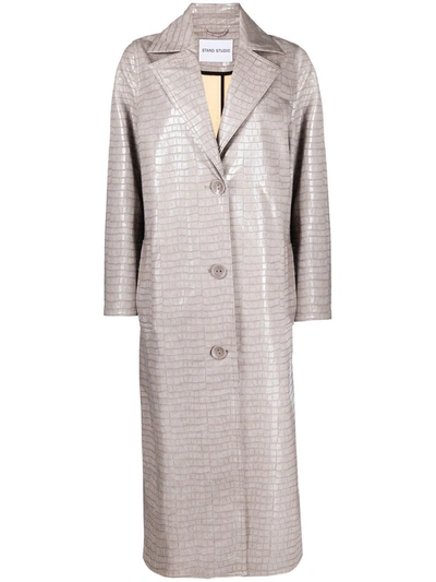 Stand Studio Crocodile-effect Notched-lapel Coat In Grey