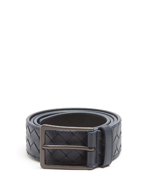 Bottega Veneta Intrecciato Leather Belt In Colour: Navy | ModeSens