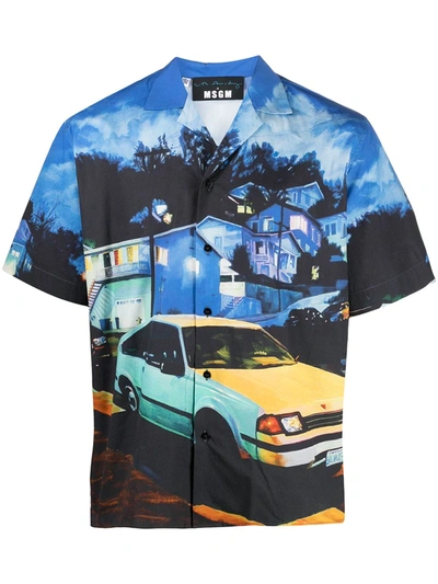 Msgm Car-print Cotton Shirt In Multicolour