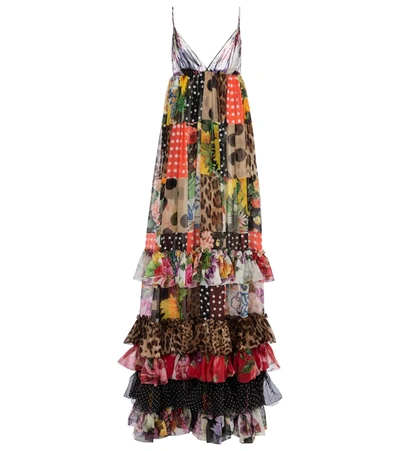 Dolce & Gabbana Long Patchwork Chiffon Dress With Floral Print In Variante Abbinata