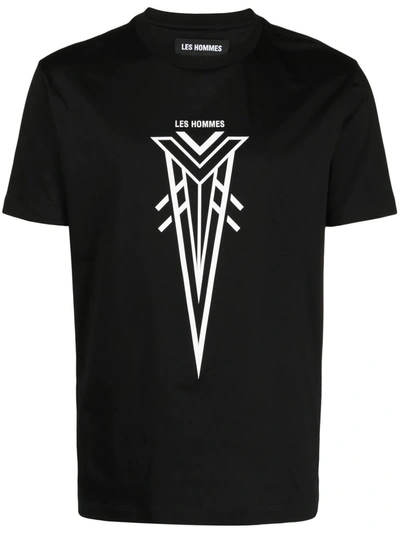 Les Hommes Logo And Print Cotton T-shirt In Black
