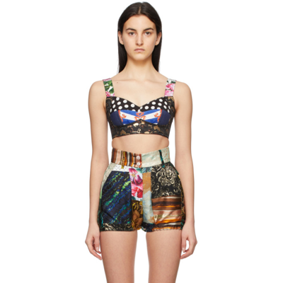 Dolce & Gabbana Patchwork Jacquard, Denim And Twill Bustier Top In Black,pink,blue