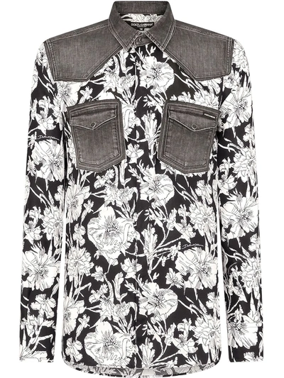 Dolce & Gabbana Printed Silk Shirt With Denim Details In Multicolor
