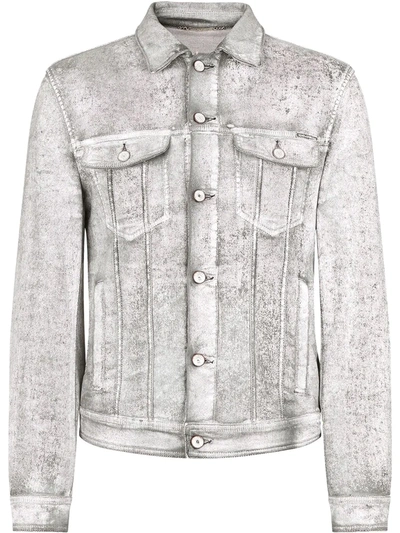 Dolce & Gabbana Overdyed Stretch Denim Jacket With Patch Embellishment In Grey