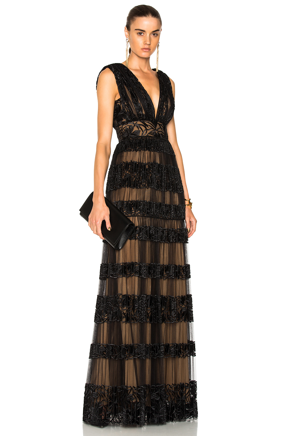 Zuhair Murad Long Embroidered Tulle Lace Border Gown In Black | ModeSens