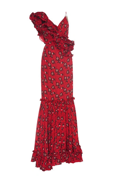 Johanna Ortiz Saint Sarah Ruffled Floral-print Silk-georgette Gown In Red Pattern
