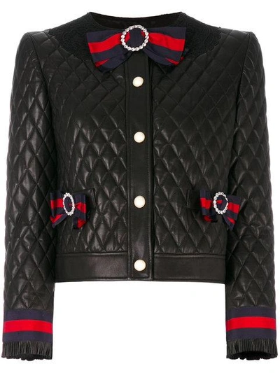 Gucci Quilted Leather Jacket With Web Bows In Black