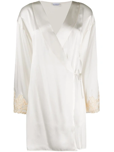 La Perla White Silk Blend Maison Lace Trim Dressing Gown