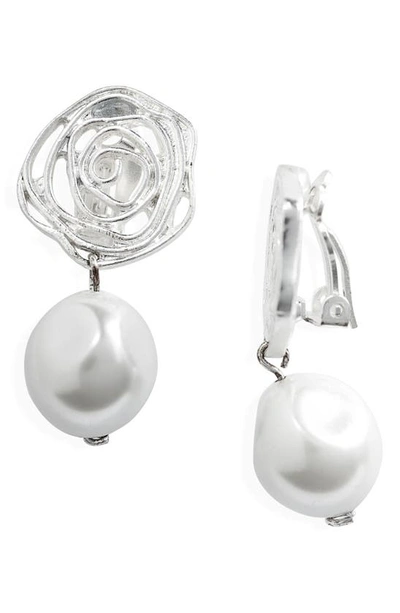 Karine Sultan Flower Swirl Pearl Drop Clip-on Earrings In Silver