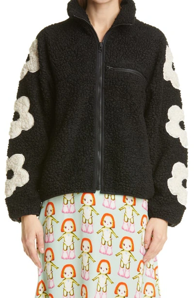 Sandy Liang Grass Floral Faux Fur Jacket In Black | ModeSens