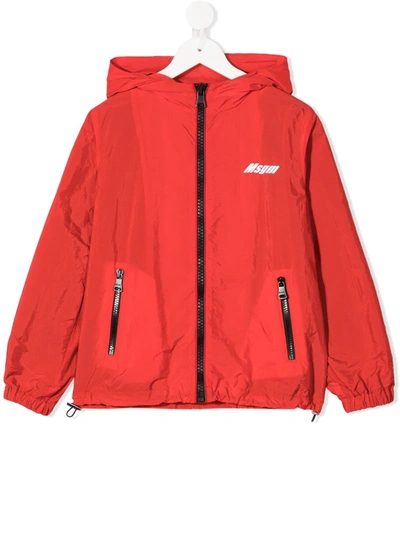 Msgm Teen Logo Print Hooded Jacket In Red
