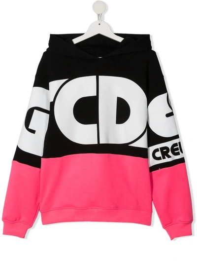 Gcds Teen Colour-block Logo-print Hoodie In Black