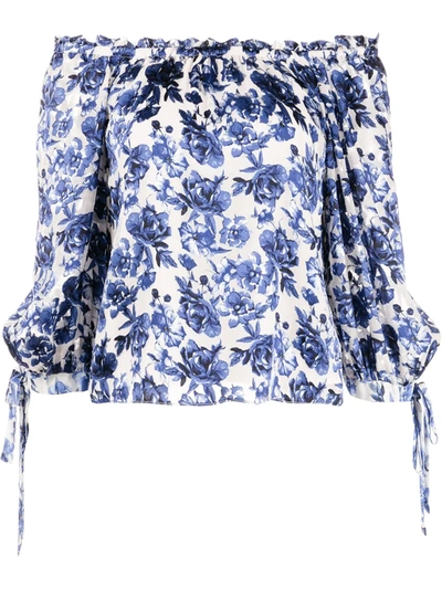 Alice And Olivia Alta Off-the-shoulder Floral-print Chiffon Blouse In Blue