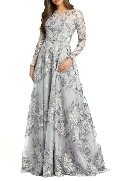 Mac Duggal Floral Embellished Illusion Sleeve A-line Gown In Grey