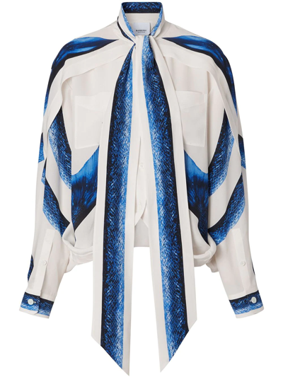 Burberry Mermaid Tail-print Tie-neck Cape Blouse In Pale Blue