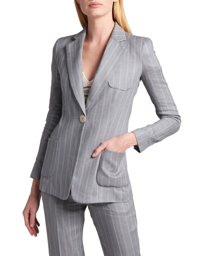 Giorgio Armani Pinstripe Linen-silk Blazer In Grey Blue