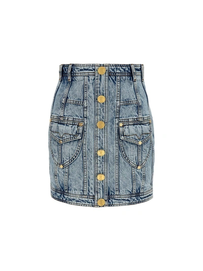 Balmain Ladies Stretch Cotton Buttoned Denim Mini Skirt In Blue