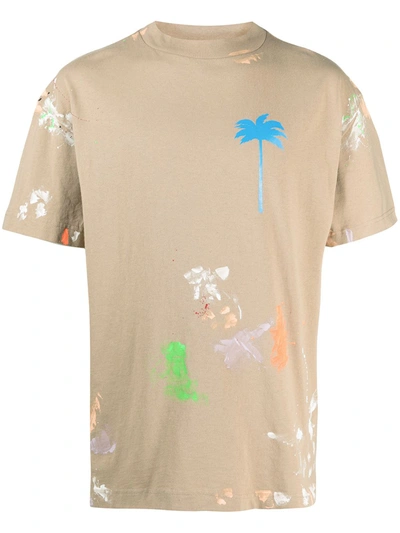 Palm Angels Palm-print Paint-splatter T-shirt In Beige