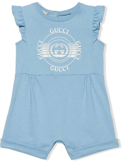 Gucci Babies' Logo印花纯棉平纹针织连体衣 In Light Blue