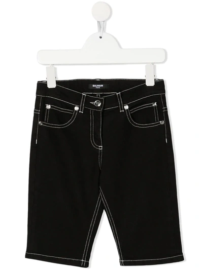 Balmain Teen Logo-embroidered Denim Shorts In Black