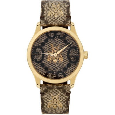Gucci Brown & Gold 38 Mm G-timeless Gg Bee Watch In Gold/brown