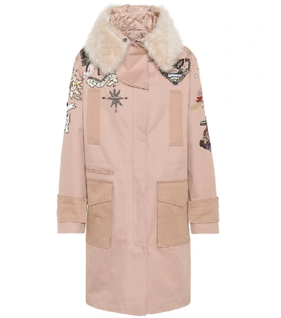 Valentino Shearling-trimmed Beaded Cotton-twill Parka In Camel-rose