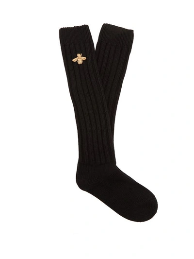 Gucci Metallic Bee Motif Stretch Wool Socks In Black