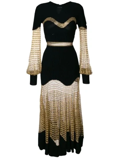 Alexander Mcqueen Metallic Open-knit And Ribbed Wool-blend Midi Dress In Black Gold