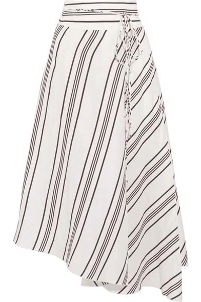 Apiece Apart Rosehip Asymmetric Striped Linen And Silk-blend Wrap Midi Skirt In White