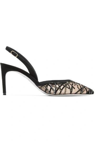 René Caovilla Crystal-embellished Suede And Mesh Pumps