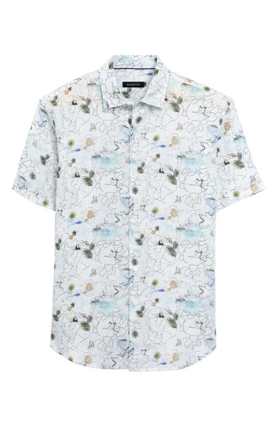 Bugatchi Ocean Map Print Short Sleeve Button-up Linen Shirt In White