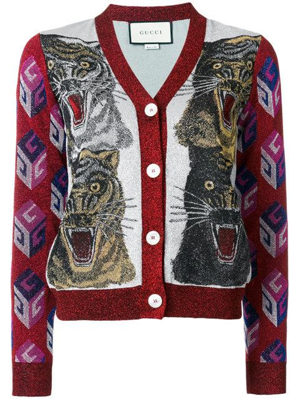 Gucci Tiger Intarsia Viscose Lurex Cardigan In Silver/red