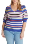 Adyson Parker Stripe Puff Sleeve Sweater In Blue Suede Combo
