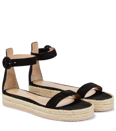 Gianvito Rossi Portofino Suede Espadrille Flatform Sandals In Black