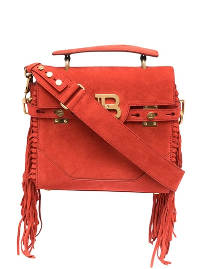 Balmain B-buzz 23 Bag In Red Suede With Fringes