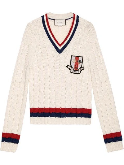 Gucci Wool Cable-knitted Sweater With Crest In White