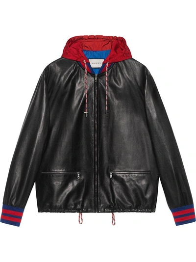 Gucci Leather Bomber Jacket With Nylon Hood In Black