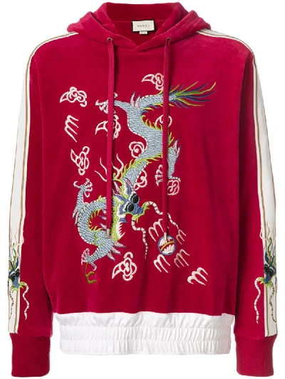 Gucci Satin-trimmed Embroidered Cotton-blend Velvet Hoodie In Red