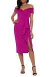 Xscape Ruffle Scuba Off The Shoulder Cocktail Midi Dress In Orchid Pink