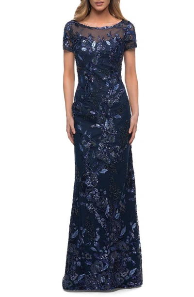 La Femme Beaded Floral Short-sleeve Gown With Sheer Neckline In Blue