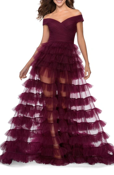 La Femme Off-the-shoulder Tiered Tulle Sheer A-line Gown In Purple