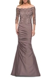 La Femme Off The Shoulder Lace Bodice Satin Mermaid Gown In Cocoa