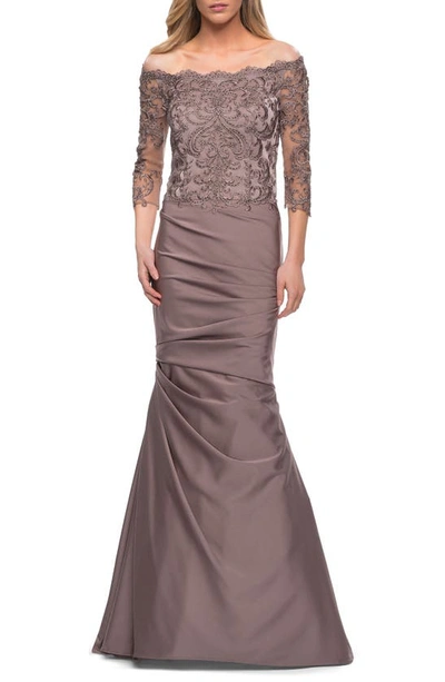 La Femme Off The Shoulder Lace Bodice Satin Mermaid Gown In Brown
