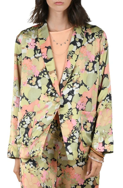 Molly Bracken Floral Shawl Collar Blazer In Foliage Light Khaki
