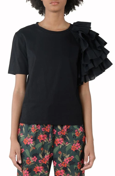 Molly Bracken Ruffle Single Sleeve Cotton T-shirt In Black