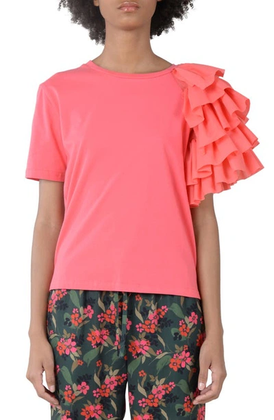 Molly Bracken Ruffle Single Sleeve Cotton T-shirt In Bright Pink
