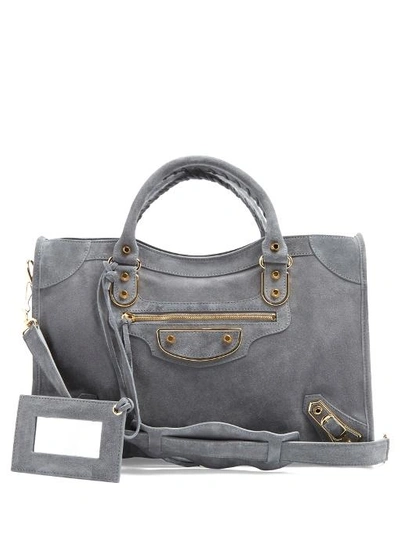 Balenciaga Metallic Edge City Suede Shoulder Bag In Grey