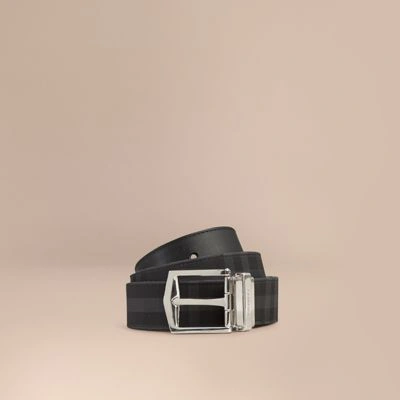 Burberry Reversible Horseferry Check And Leather Belt In Charcoal/black